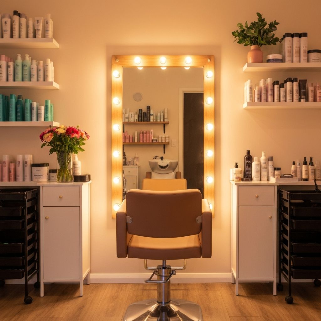 Cosy, warmly-lit home hair salon interior in Pacific Pines