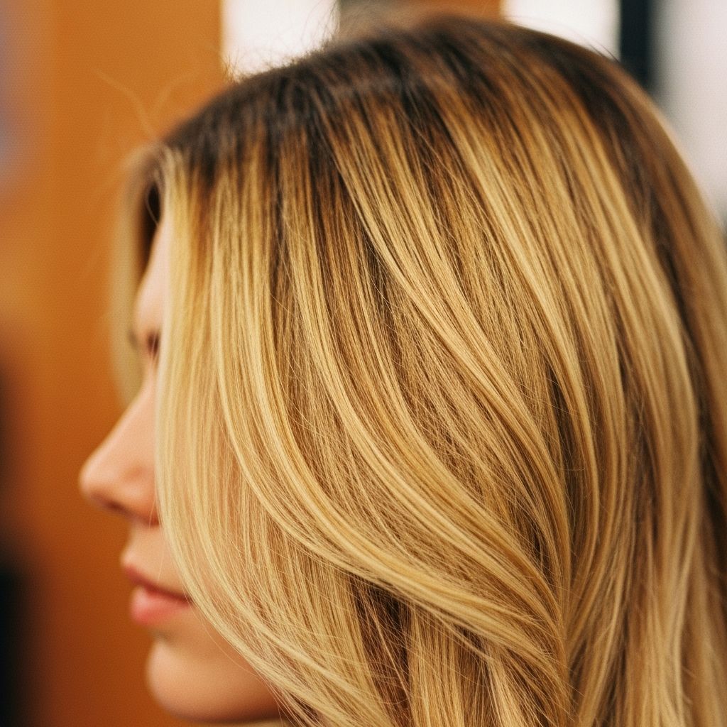 Golden blonde balayage hand-painted highlights blending into darker roots