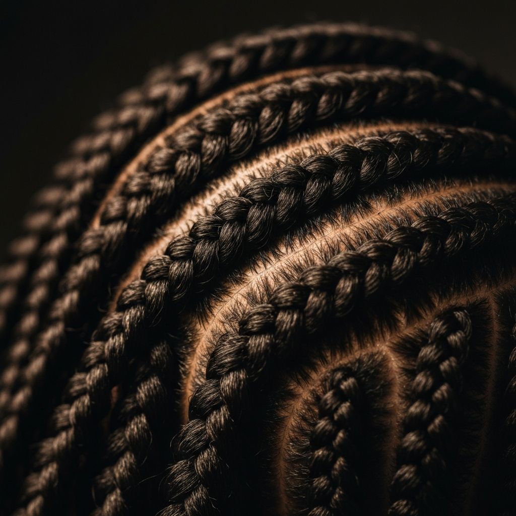 Close-up detail of intricate box braids and cornrow braid pattern