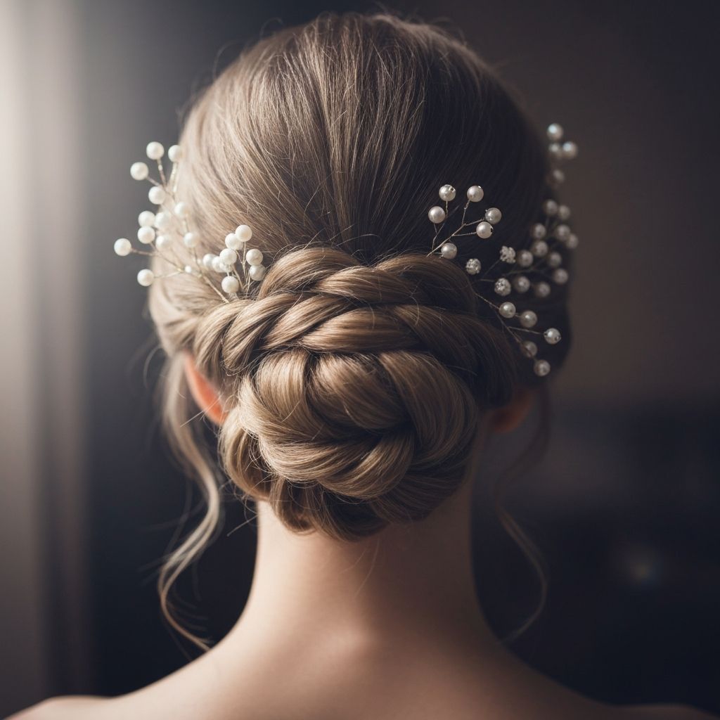 Elegant bridal updo chignon hairstyle with pearl and floral accessories
