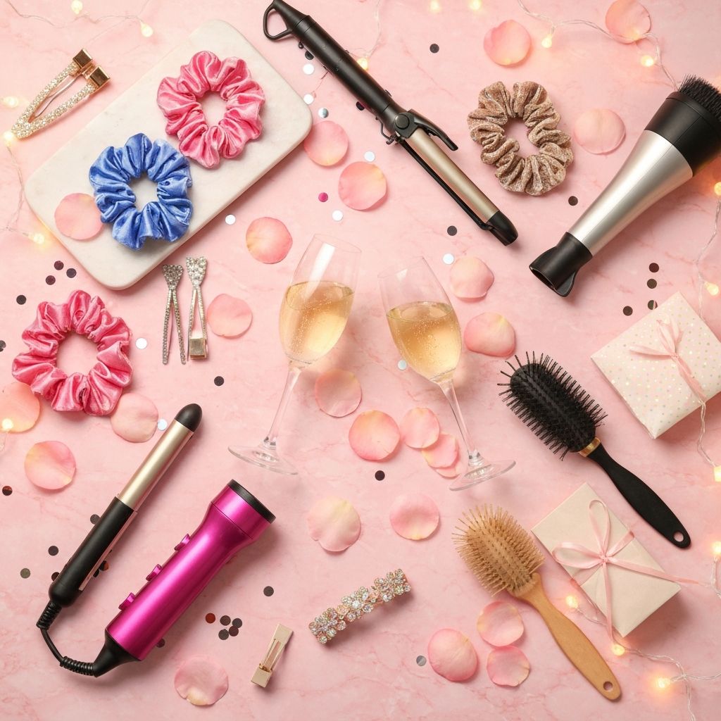 Champagne glasses, rose petals, and hair accessories arranged for a Sip and Style party
